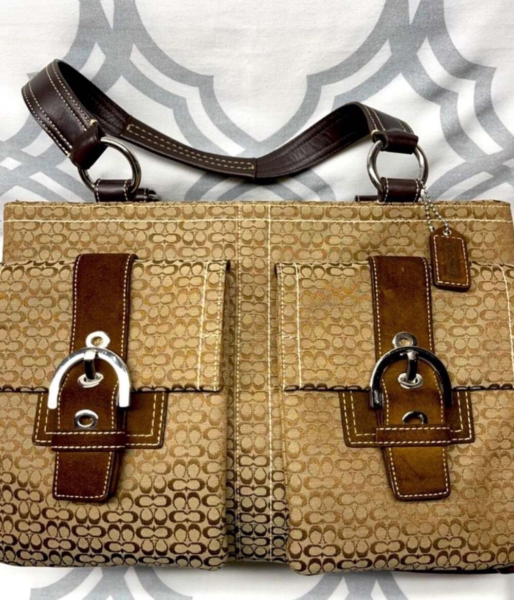 Coach Signature C Monogram Suede Trim Buckle Tote Bag